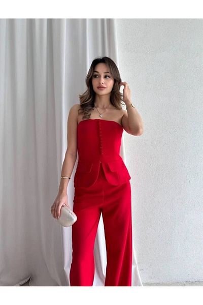 Misscix Women's Evening Dress Stylish Buttoned Strapless Vest Pants Suit - Evening Dress & Graduation Dress
