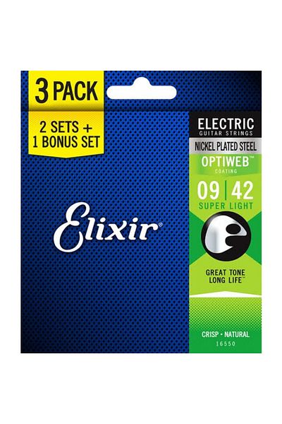 Elixir مجموعة من 16550 سلسلة جيتار كهربائي مطلية بالنيكل من الفولاذ المطلي بـ Optiweb مكونة من 3 (9-42)