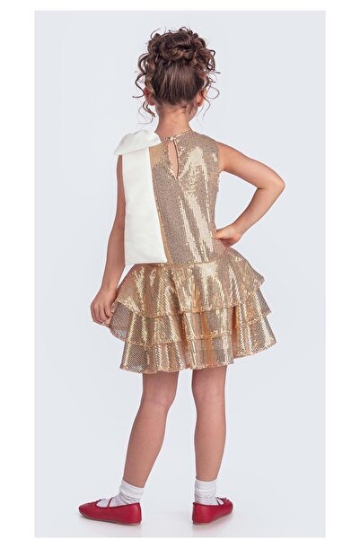 Mnk Baby&Kids Yaka Fiyonk Işıltılı Pul Payet Kumaş Kız Çocuk Abiye Elbise M00702 ALTIN SARISI