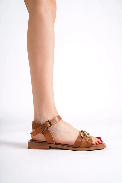 ayakuydur Genuine Leather Women's Sandals - Tan Buckle
