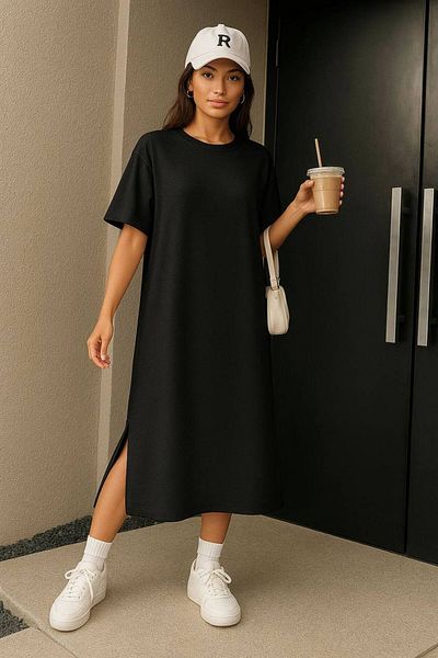 cicigünler Women's Crew Neck Slit Dress Oversize Fit Black Color