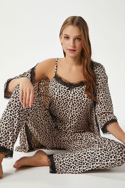 Ritnice Γυναικεία Betty Leopard 3 Pack Παντελόνι Πρωινό Σετ Πλεκτές Πιτζάμες με Δαντέλα με Δαντέλα