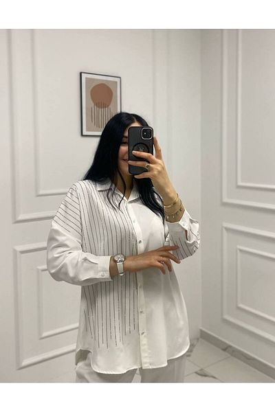 CELT Women's Bat Sleeve Stripe Stone Buttoned Chiffon Shirt Blouse - White