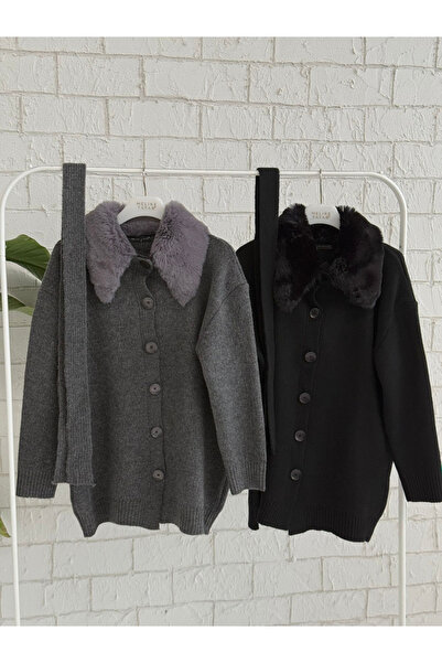 Melike Tatar Kadın Kürk Yaka Kuşaklı Triko Siyah Hırka 7009