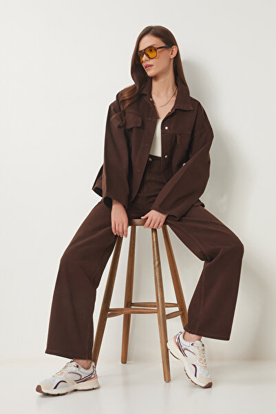 Lovelyİstanbul Belted Denim Jacket Trousers Suit Brown Lri0007