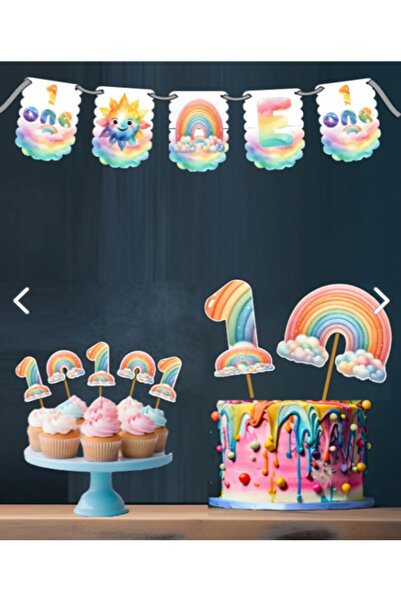 Hiras Dizayn Banner pentru ziua de naștere de 1 an + Decor pentru tort + Decor pentru cupcake cu tematică curcubeu Set de 3 bucăți