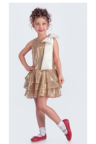 Mnk Baby&Kids Yaka Fiyonk Işıltılı Pul Payet Kumaş Kız Çocuk Abiye Elbise M00702 ALTIN SARISI