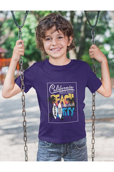 Bubuga Boys California Venice Beach Surf Printed Short Sleeve T-Shirt – 100% Cotton Single Jersey Fabric