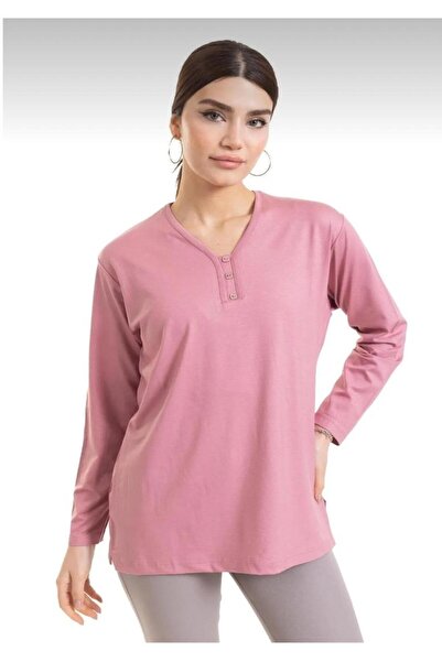 Kuraff Giyim Women's Four Seasons 3 Button V Neck Comfortable Fit Combed Cott...