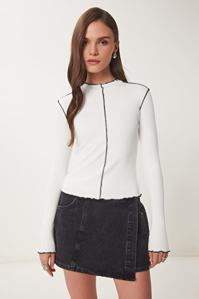 Lovelyİstanbul Bluză tricotată cu nervuri cu dungi contrastante BONE BLACK LU...