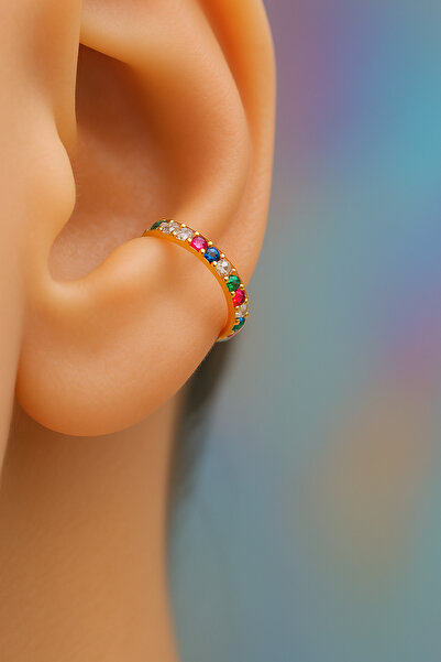 Sacce Scarves&Accessories Multicolor Çok Renkli İnce Taşlı Earcuff Sıkıştırmalı Kıkırdak Küpesi