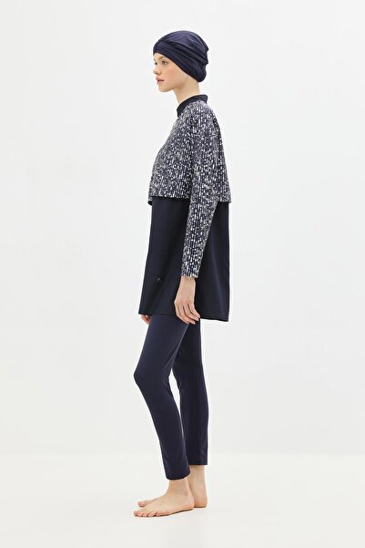 C&City Modern Pattern Detailed Full Covered Hijab Swimsuit 4111 Navy Blue/White