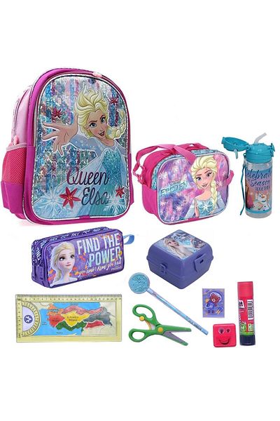 Frozen Elsa First School Bag Nutrition Water Bottle Pen Holder Container and Stationery Set 11 Pieces