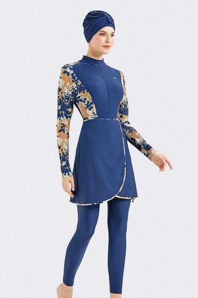C&City Vollständig bedeckter Hijab-Badeanzug mit Rock und Strumpfhose C13059 Dunkelmarineblau