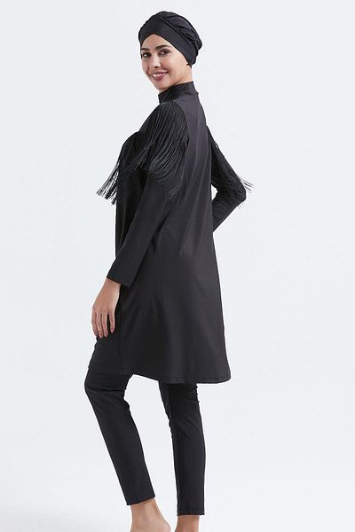 C&City Vollständig bedeckter 4-teiliger Hijab-Badeanzug mit Quastendetail C14060 Schwarz