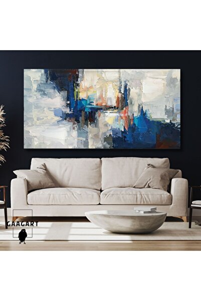 GAAGART Panoramik Kanvas Duvar Tablosu Soyut Yağlı Boya Görünümlü Lacivert Gri