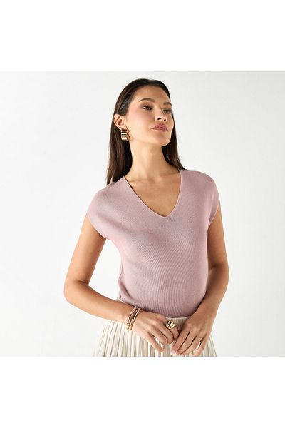 Smart Solid V-neck Top with Extended Sleeves