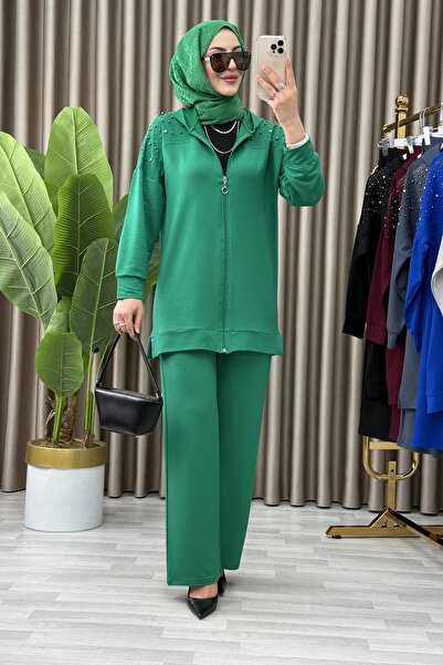 Mercan HANİFE TAKIM Tesettür İki İplik Kumaş Cep ve Taş Detaylı Alt Üst İkili...
