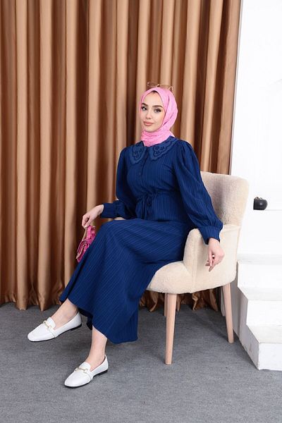 ışık tesettur Φόρεμα Baby Collar Hijab Navy Blue
