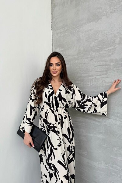 mezqa Γυναικείο μαύρο και άσπρο φόρεμα με σχέδιο πουλιών με ελαστική μέση μακ...