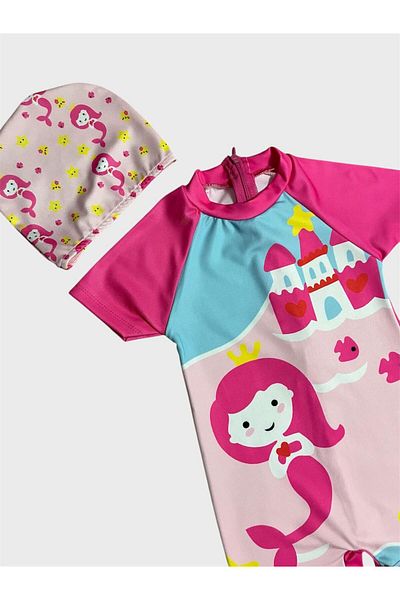 ALİŞ KİDS Girl's Pink Mermaid Castle Patterned Short Sleeve Boned Protected Swimsuit