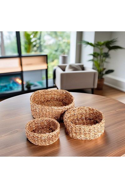 DERİK Htsp Set of 3 Rustic Handmade Natural Round Wicker Organizers |   3-Piece Wicker Round Organ