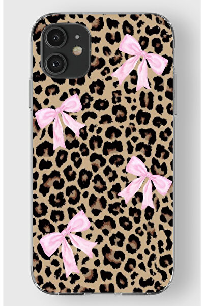 moonset Iphone 11 Uyumlu Leopar ve Fiyonk Tasarımlı Baskılı Şeffaf Telefon Kı...