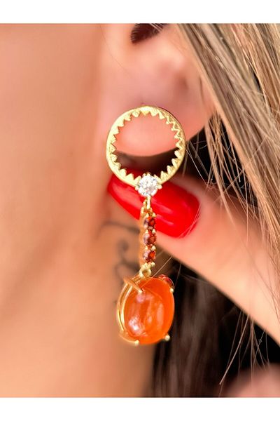 MyladyAccessoriess Special Series Orange Stone and Zircon Stone Detailed Hanging Earrings