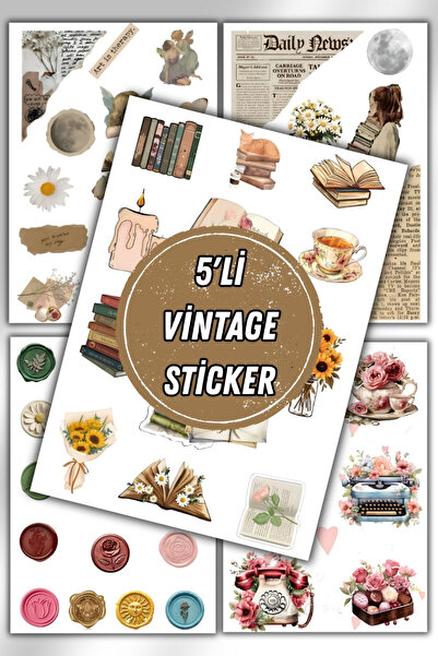 birikiyedi 5'li Vintage Sticker Planner Ajanda Bullet Journal Için Uygun Set