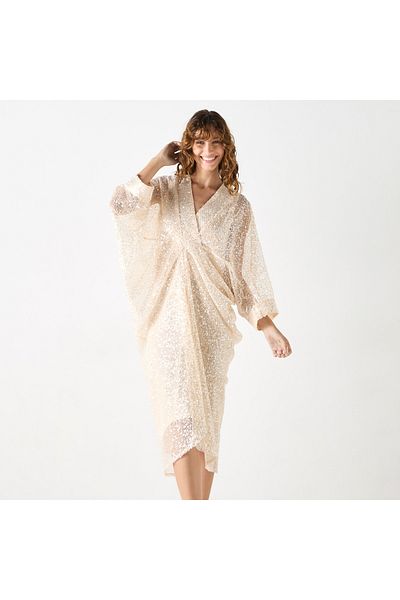 Smart Sequin Embellished Kaftan Dress with V-neck and Long Sleeves