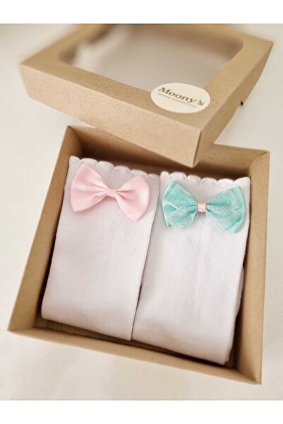 Moonys Socks Collection Розов и ментов комплект чорапи до коляното с панделки...