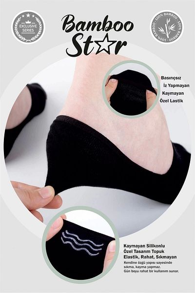 bamboo star Bamboo Women's Ballerina White - Black Socks Seamless Invisible Non-Slip Heel Silicone Pack of 6