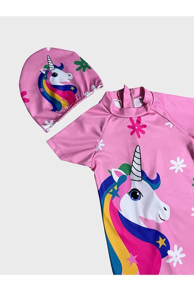 ALİŞ KİDS Girl's Pink Unicorn Flower Patterned Short Sleeve Boned Protected Swimsuit