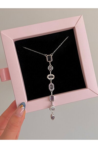 h&b design jewel Çelik Mor Renkli Baget Taşlı Kolye