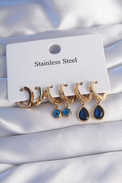 E BULURUM 316L Steel Gold Color Oval Design Blue Zircon Stone Drop Model Earring Set