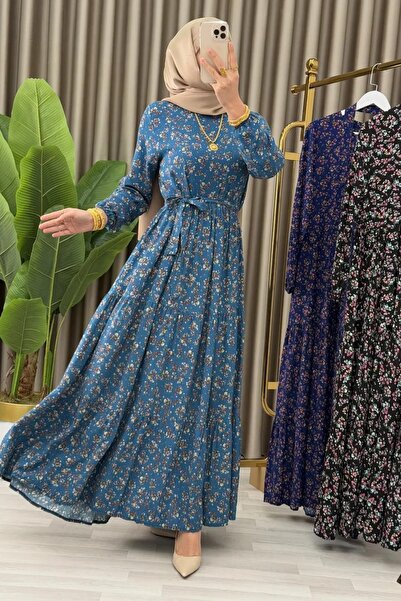 Genel Markalar DANLA ELBİSE Petrol Mavisi Viskon Tesettür Uzun Kollu Elbise G...