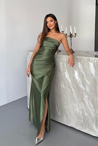 İyem Abiye Straplez Düz Sırt Bağcıklı Örme Saten Abiye Elbise Dar Kalıp