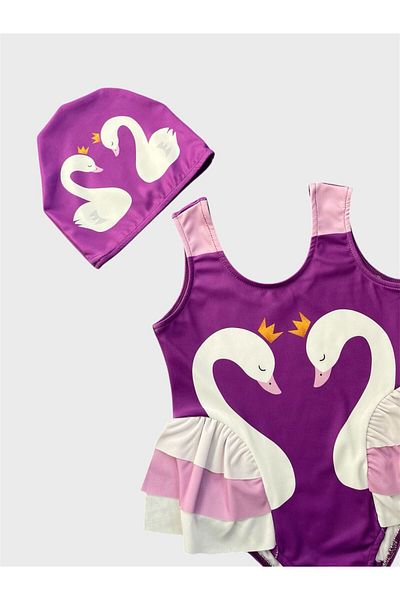 ALİŞ KİDS Girl's Purple Swan Patterned Ruffled Bonnet Swimsuit
