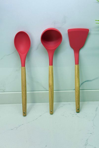 Albergio Wooden Handle Silicone Kitchenware Set – 32 cm Spoon-Ladle-Spatula