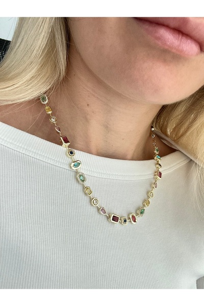 Tasarım Çok Renkli Taşlı Gold Kolye