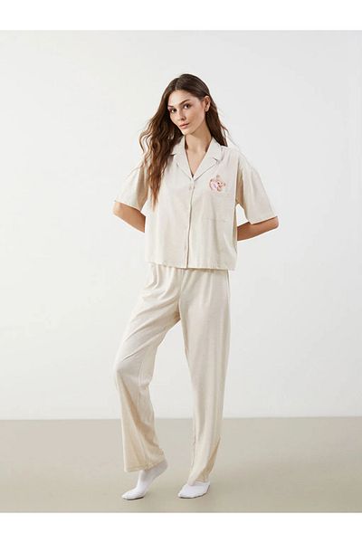 LC Waikiki Σετ γυναικείες πιτζάμες LCW Young Beige πουκάμισο με γιακά αρκουδάκι με στάμπα