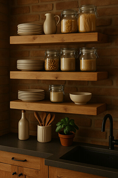 Trihome “Dekoratif Ahşap Duvar Rafı 3’lü Set | Modern Mutfak ve Salon Kullanı...