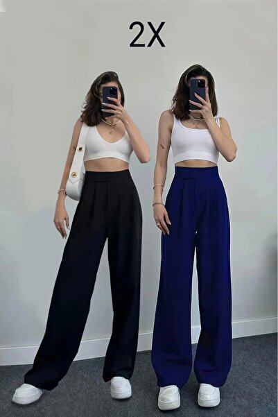 M&N Kadın Cırtlı Palazzo Yüksek Bel Ayarlanabilir Bel Bol Paça 2'Li Set