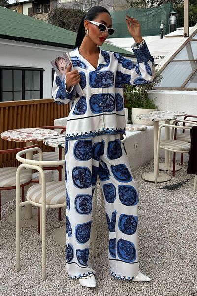 Julidress Patterned Shirt Pants Bottom Top Premium Satin Set