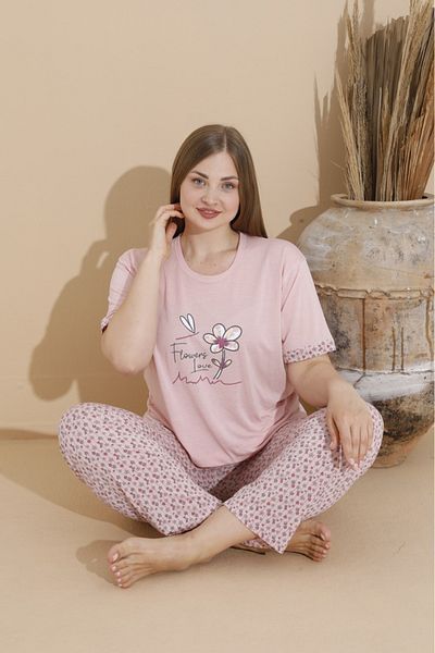makkash Cotton Plus Size Printed Pink Oversize Bottom Long Women's Pajamas Set