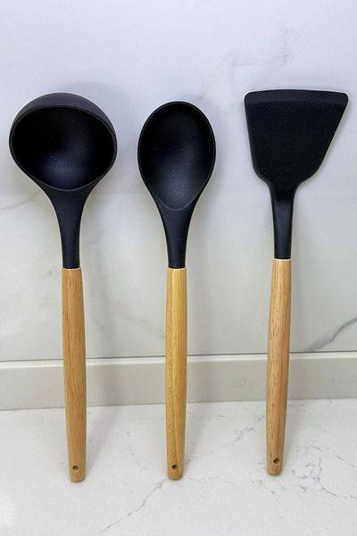 Albergio Wooden Handle Silicone Kitchenware Set – 32 cm Spoon-Ladle-Spatula