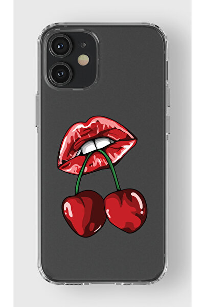 moonset Iphone 12 Mini Uyumlu Dudak ve Kiraz Tasarımlı Baskılı Şeffaf Telefon...