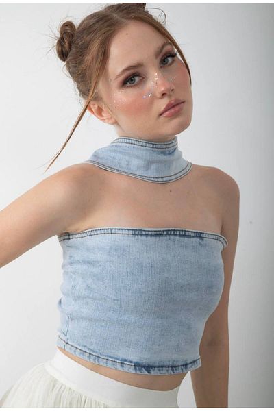 DENİKK TREND CROP DENIM JEAN FĂRĂ BRETELE CĂMAȘĂ BUSTIERĂ SPĂLATĂ