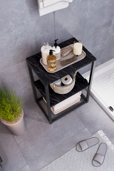 interGO Metal Ayaklı ve Ahşap Raflı Dekoratif Banyo Rafı