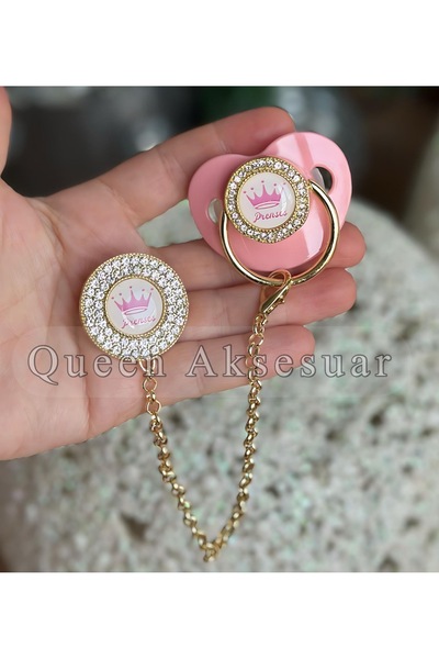 QUEEN AKSESUAR Lüks Taşlı tasarım bebek Emzik Zincir prenses yazılı taç resim...